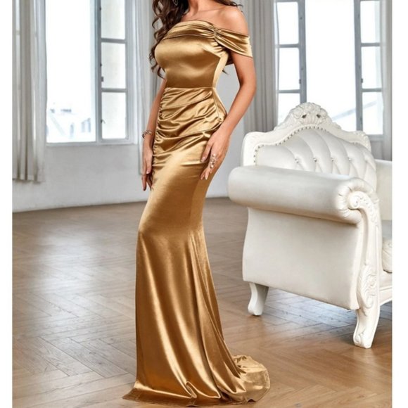 MODA ME COUTURE Dresses & Skirts - gold satin off shoulder split thigh dress elegant festive holiday party chic